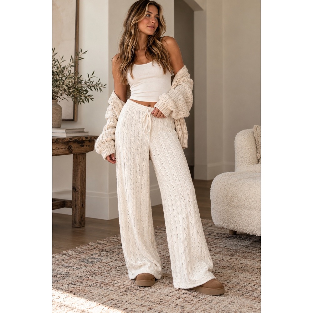 Wild Fable Cable Knit Lounge Pants Wide Leg Cream White Casual Size Small